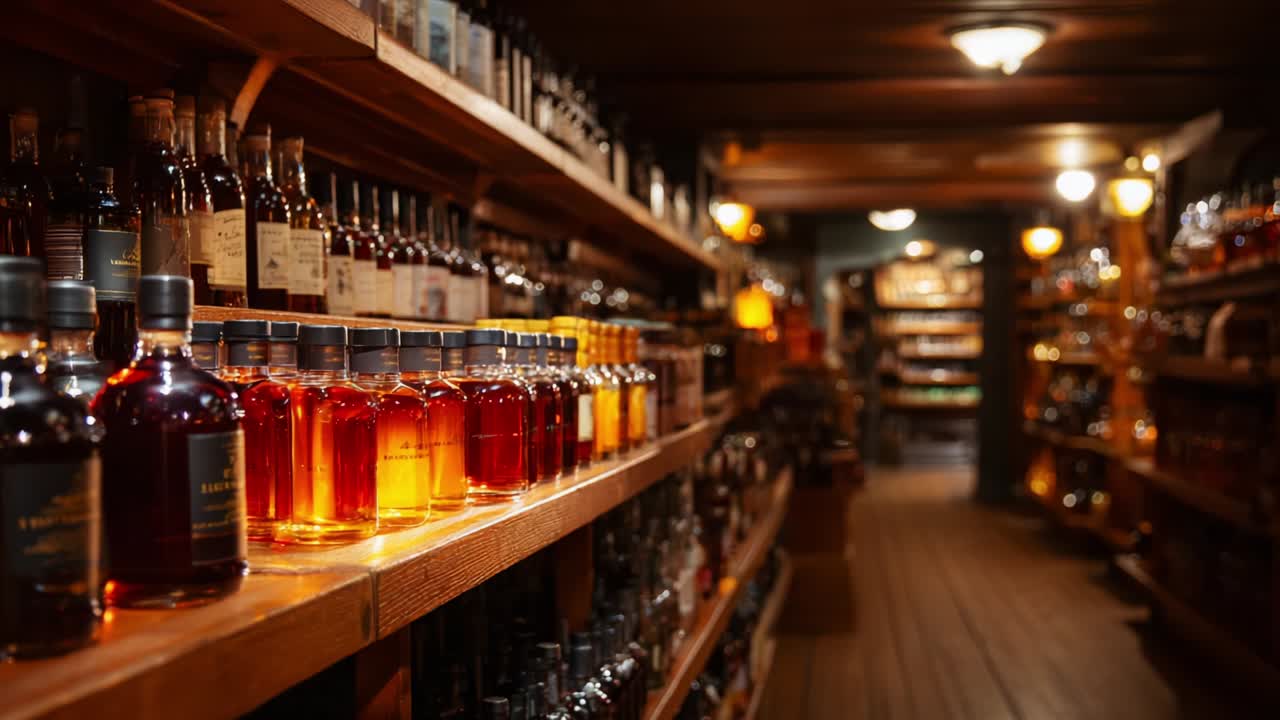 Liquor Store Display with Shelves of Alcoholic Beverages