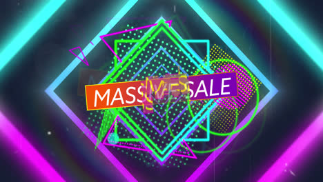 Animation-of-pink-and-blue-neon-geometrical-shapes-over-massive-sale-text