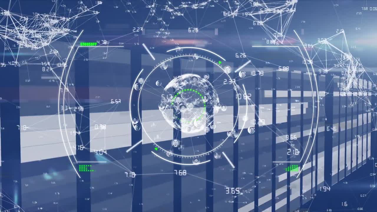 네이비 배경에 연결된 프로세싱 서클, 조명 및 글로브의 애니메이션