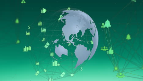 animation of connected icons around globe against abstract background