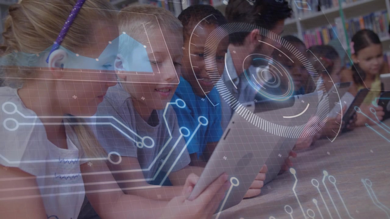Students and instructor tapping tablets in library, initiating AR overlays boosting group learning