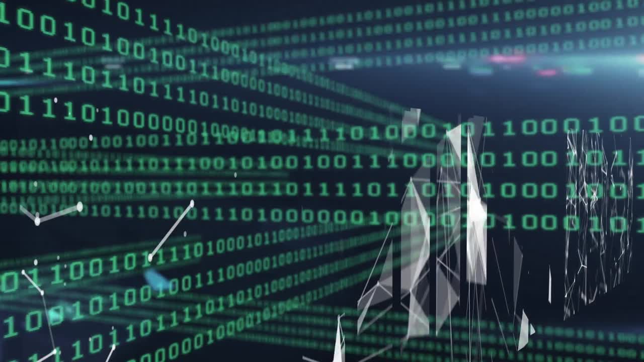 animación de código binario y formas en fondo marino