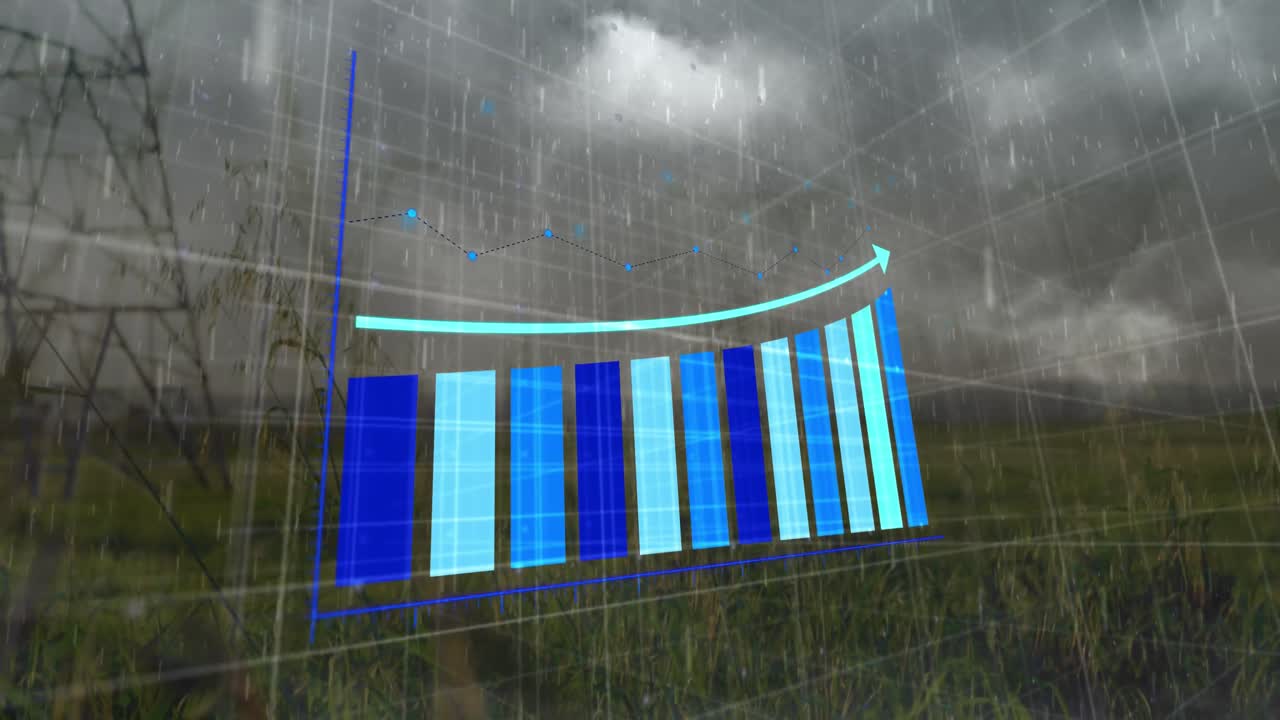 animación del procesamiento de datos estadísticos sobre tormentas eléctricas y lluvia que caen sobre torres móviles