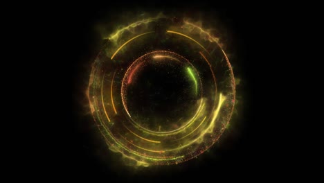 seamless loop. animation of a yellow geometric round portal consisting of particles and energy trails isolated on black background with alpha luma matte vfx cg 4k. space door. sci-fi. futuristic.