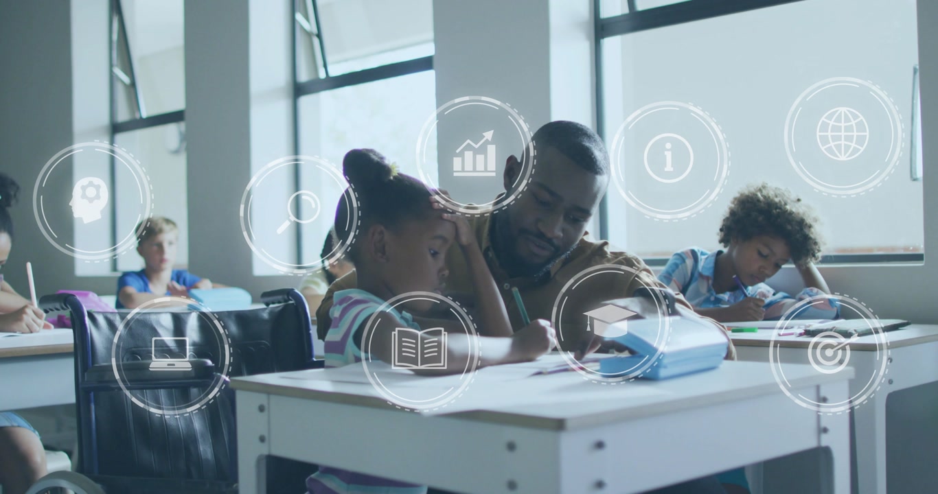 Teacher Helping Young Student with Digital Learning Icons in Classroom