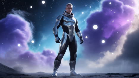 astronaut in a futuristic suit against a cosmic background