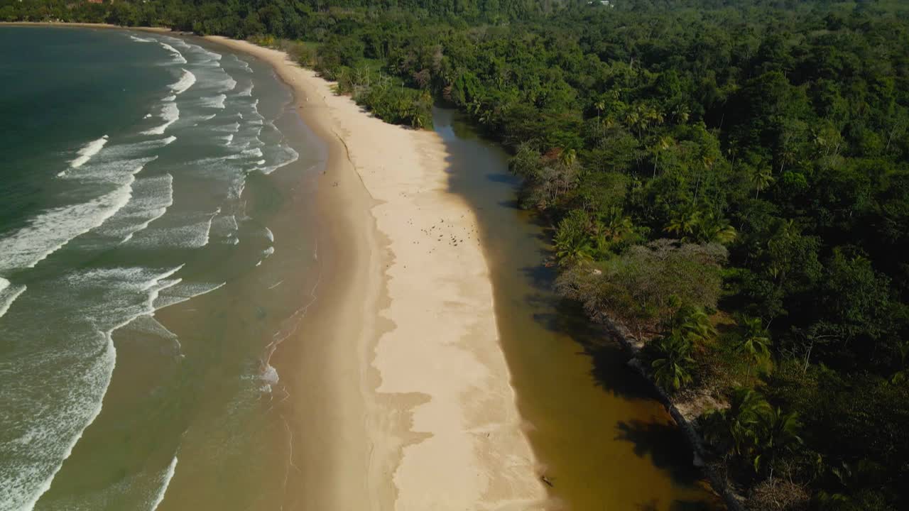 vista aérea de un río que desemboca en la bahía de las cuevas con montañas de la cordillera norte al fondo