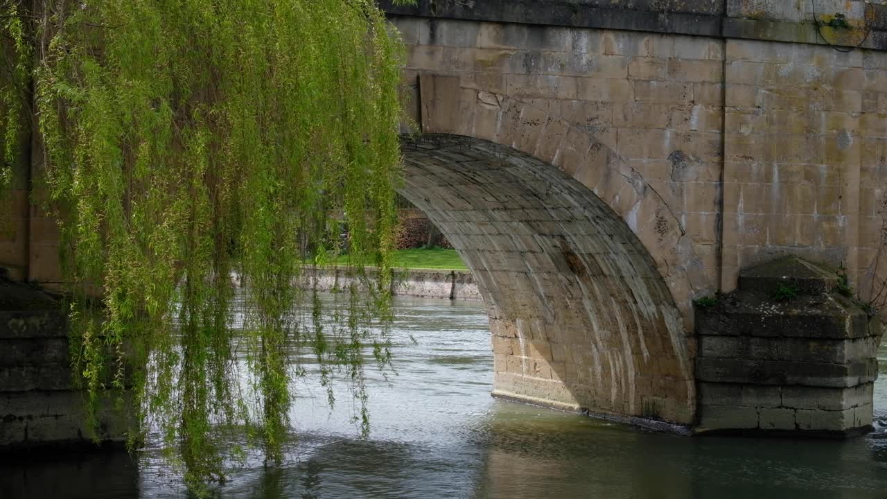 vista panorámica del río támesis que fluye bajo el arco de piedra del puente con árboles de sauce llorones en la histórica ciudad de mercado y parroquia civil de wallingford, sur de oxfordshire, inglaterra