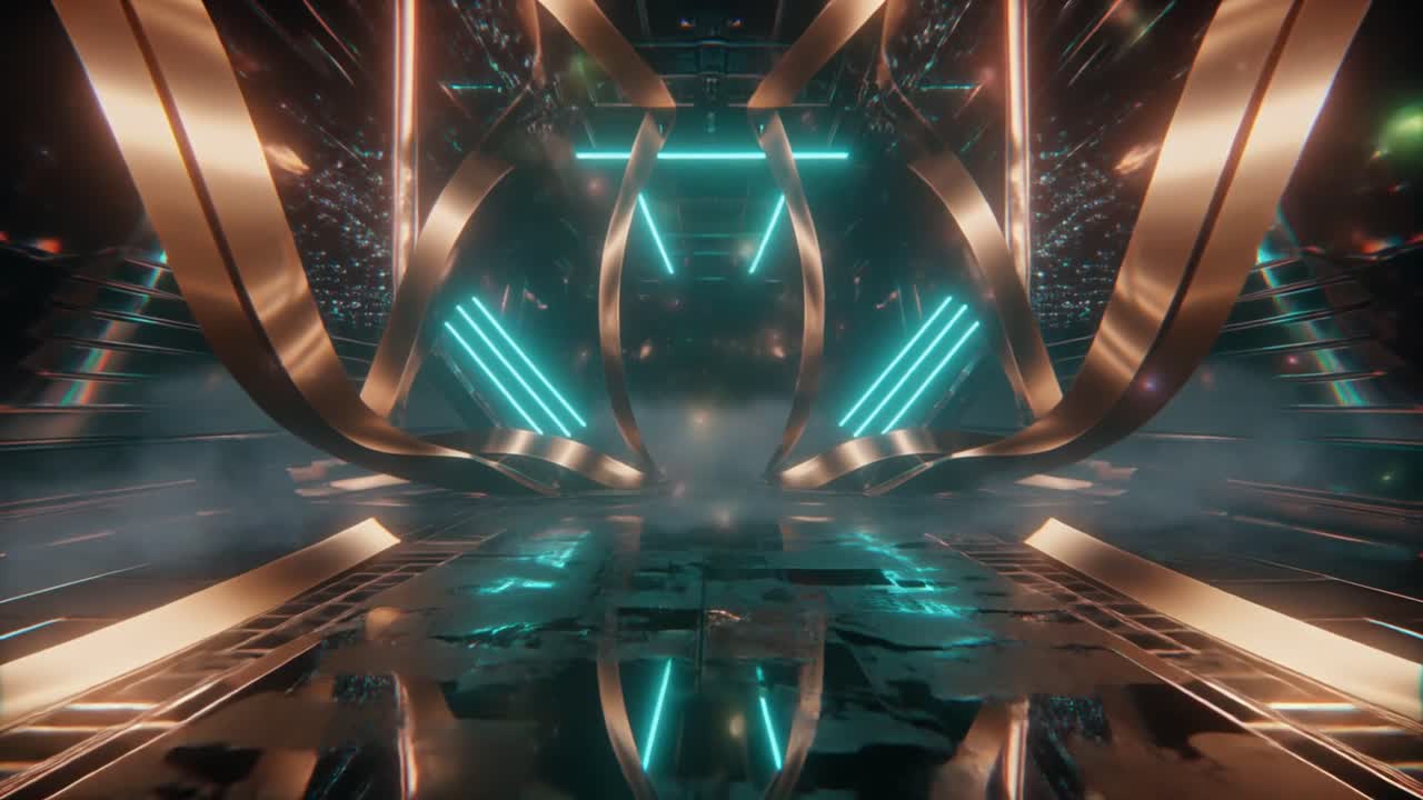 Dynamic Futuristic Tunnel with Glowing Neon and Metallic Structures