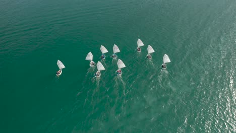 Vista-De-Arriba-Hacia-Abajo-Siga-A-Los-Barcos-Optimistas-Navegando-En-El-Río,-Barcos-De-Vela-Para-Que-Los-Niños-Aprendan