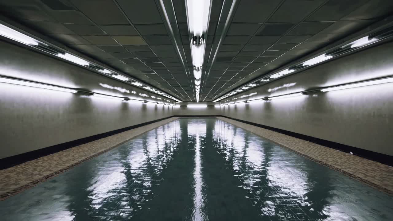 Un concept video futuristico con una vista ad angolo basso di un tunnel riflettente e illuminato.