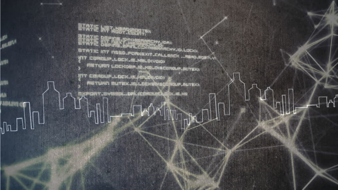 회색 배경에 있는 데이터와 전면에 있는 도시 모양의 빛 연결