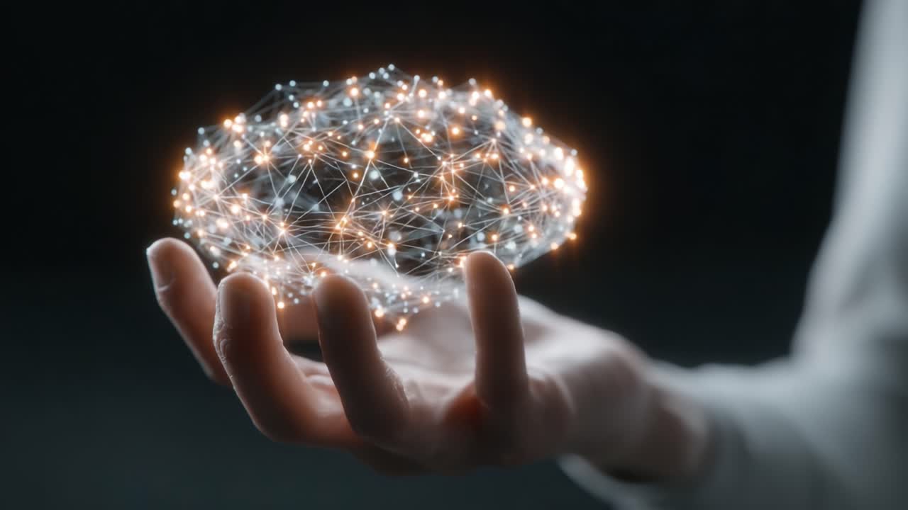 A Glowing Network of Connections: Exploring the Intersection of Technology and Imagination as a Hand Cradles a Radiant Data Sphere Representing Innovation