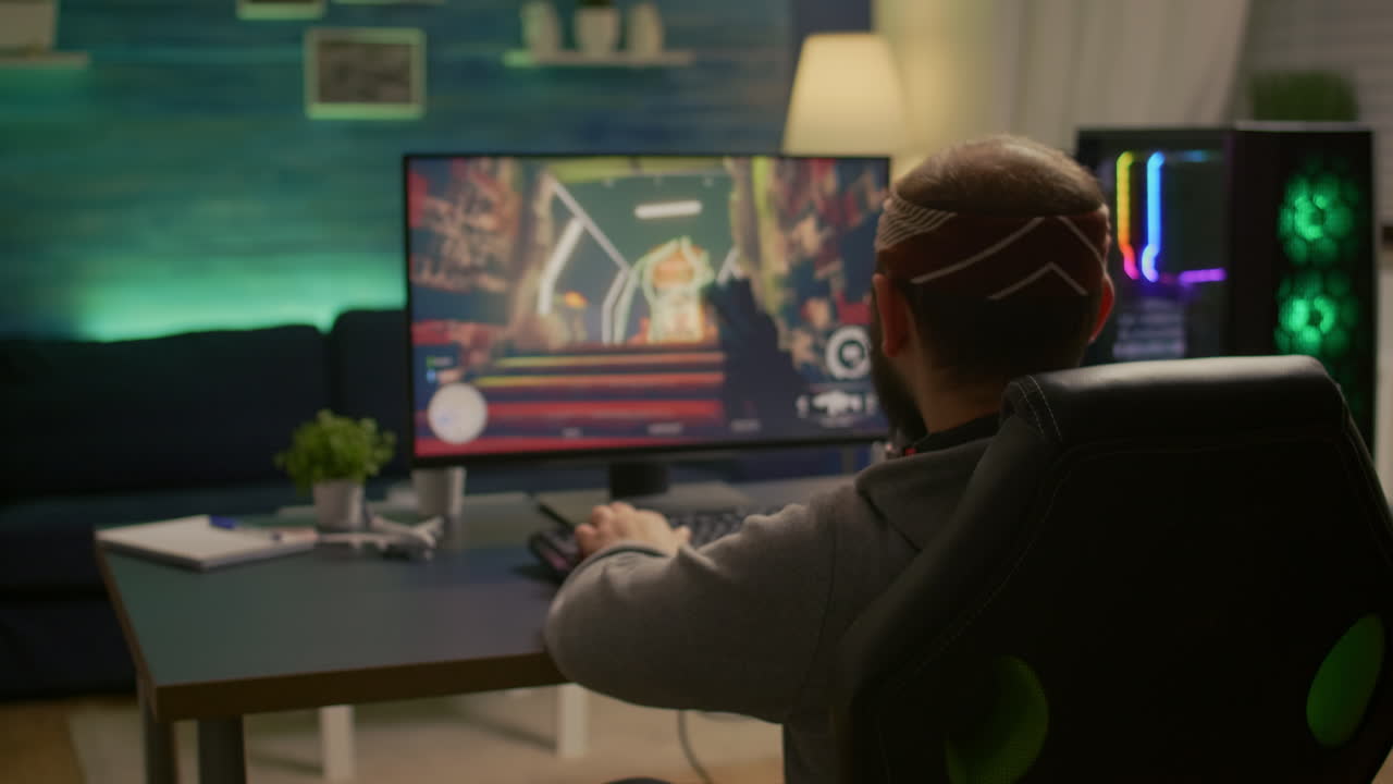 Pro gamer playing first person shooter video game