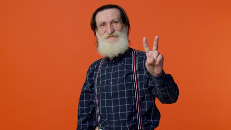 hombre barbudo senior mostrando el signo de la victoria, esperando el éxito y la victoria, haciendo un gesto de paz y sonriendo