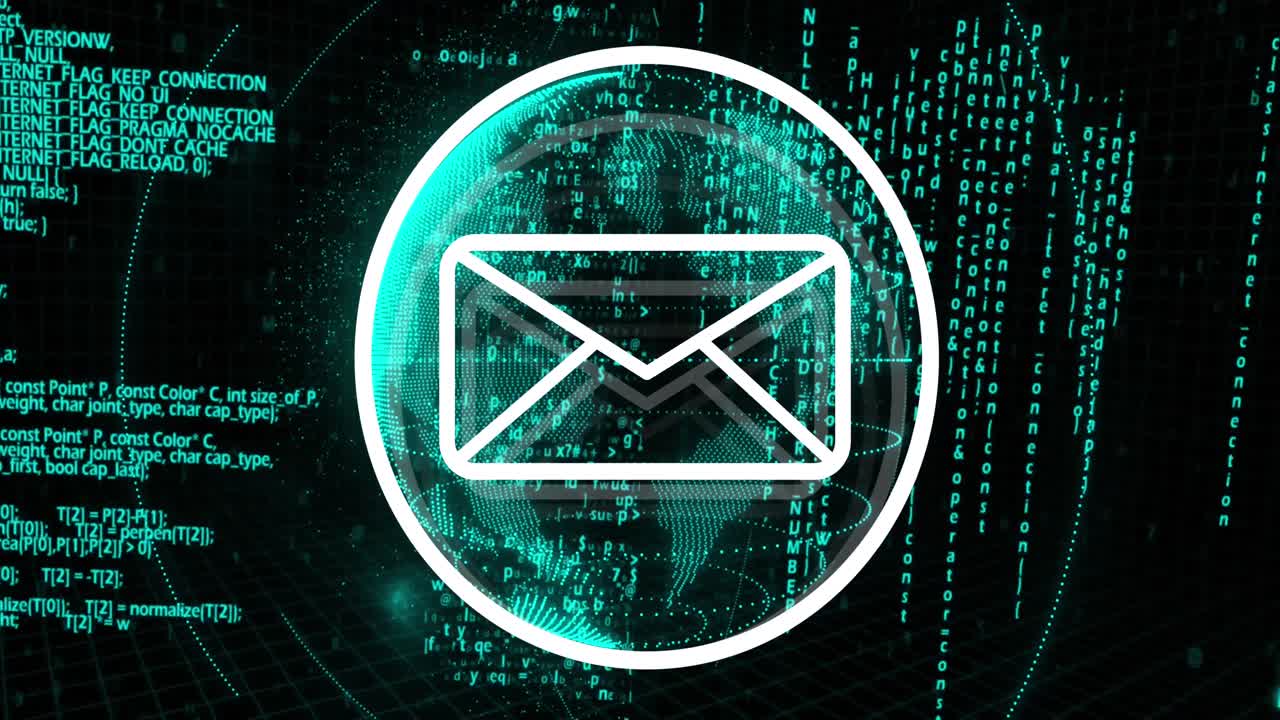 Animation of message icon over spinning globe and data processing against black background