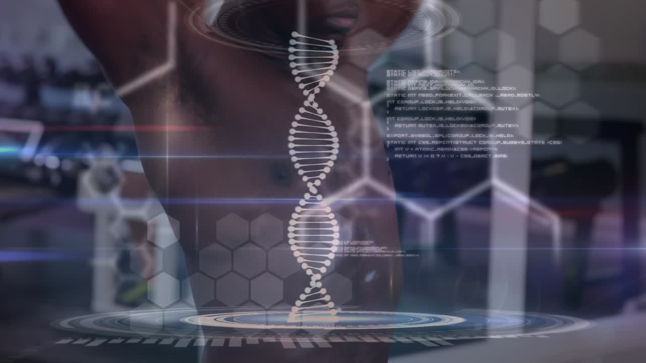 Animation of dna strand spinning and data processing over strong man exercising