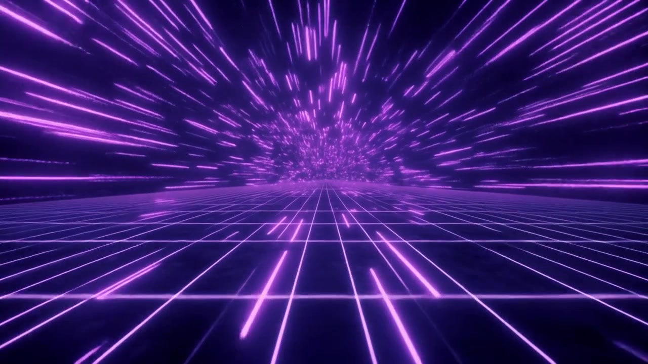 Tunnel a griglia viola neon futuristico con effetto velocità della luce