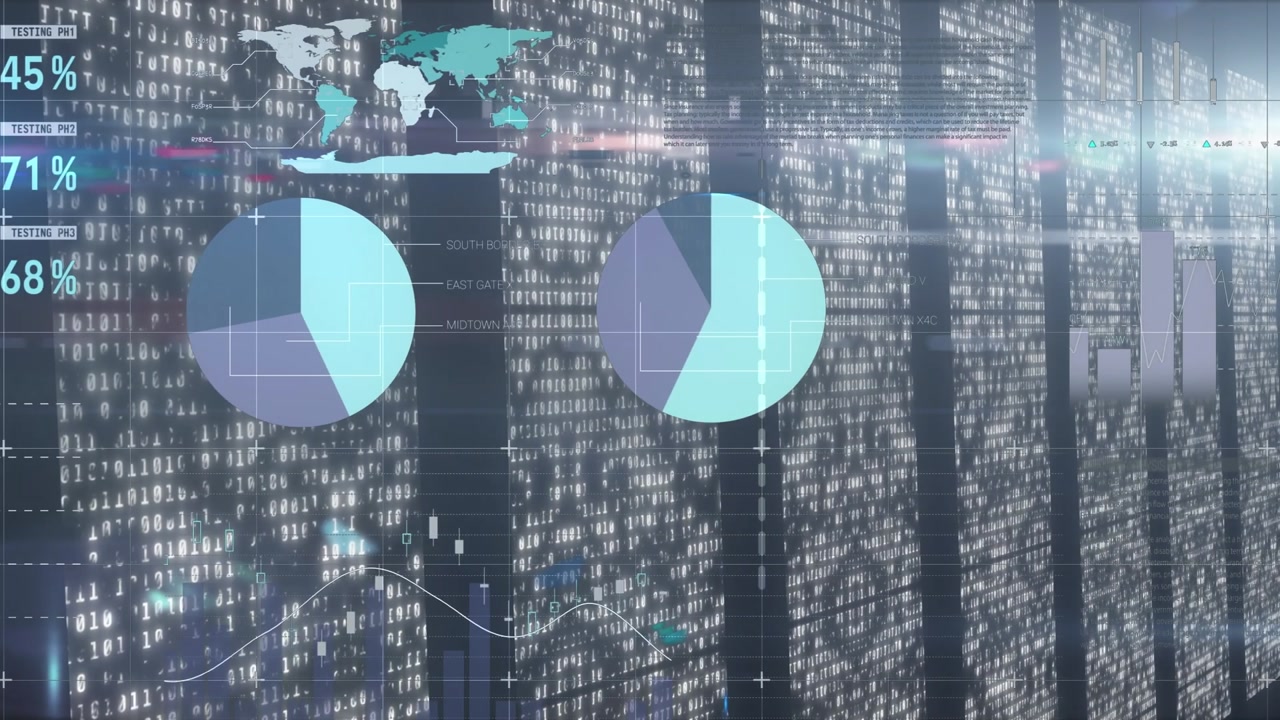 Animation of data processing over multiple screens with mosaic squares against blue background