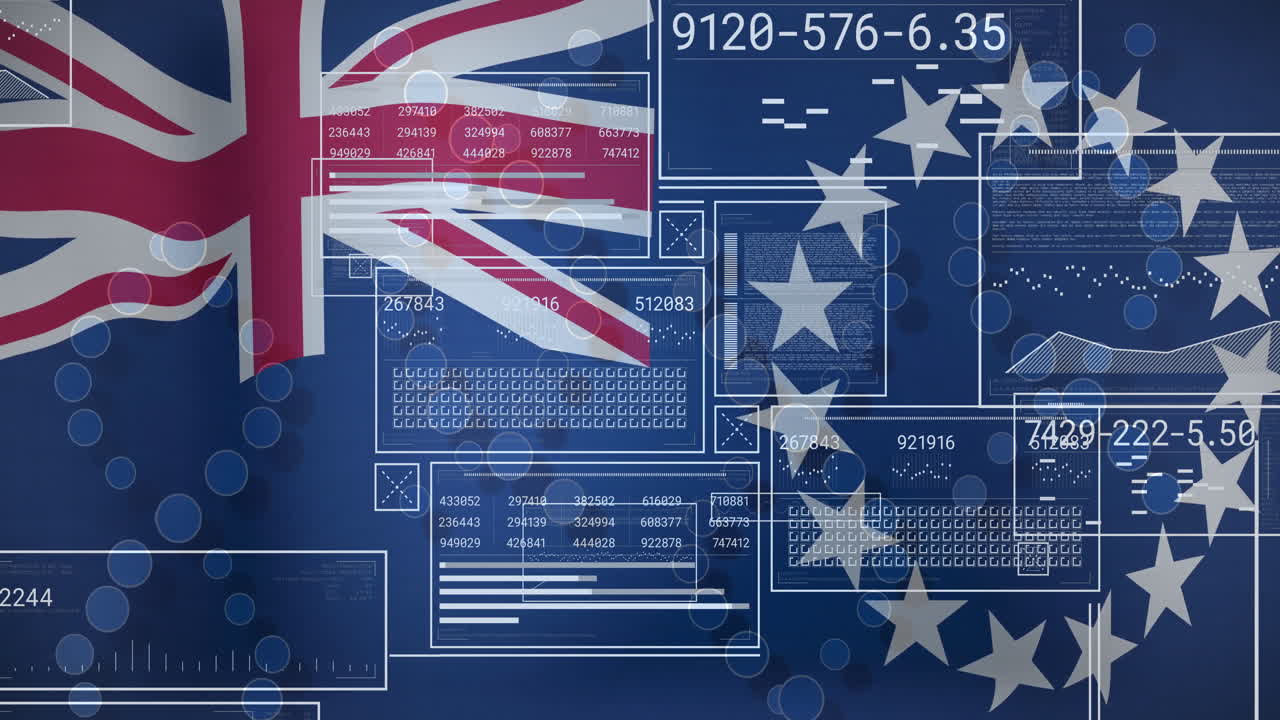 Digital data and coding overlay on Australian flag, showcasing technology integration