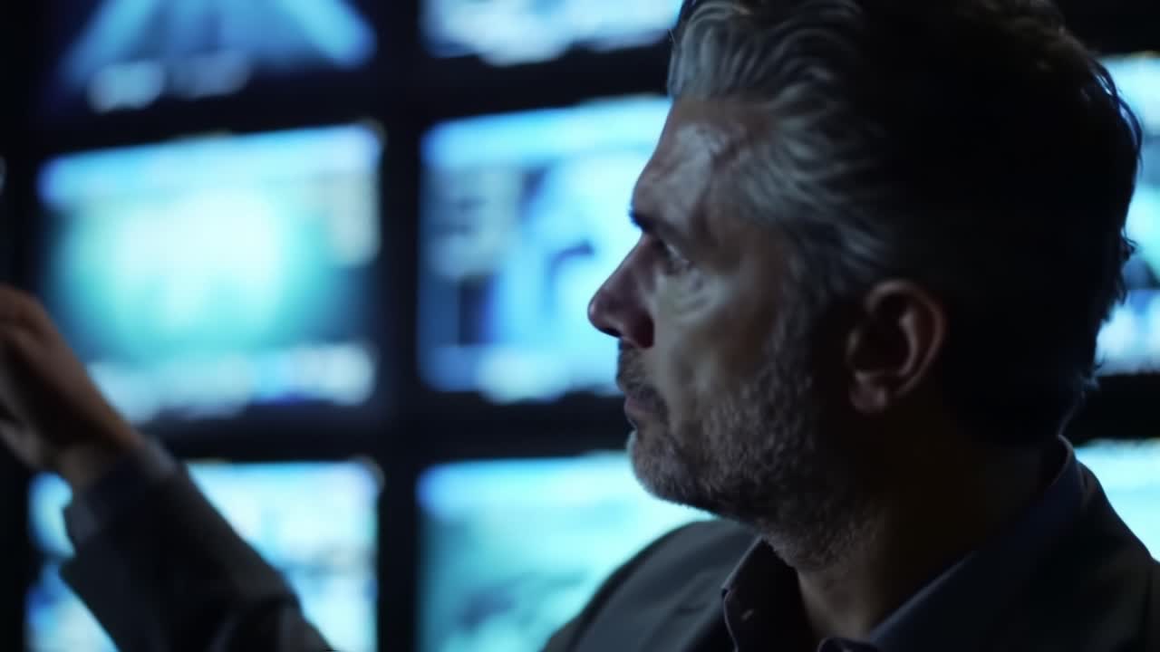 A Pensive Man Contemplates Critical Decisions Amidst a Sea of Digital Screens and Data, Highlighting the Tension and Urgency of the Situation Around Him