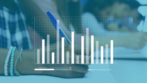 bar graph animation over person writing in notebook with pen
