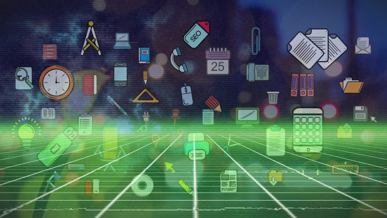 푸른 배경에 대해 녹색 그리드 네트워크를 통해 여러 디지털 아이콘의 애니메이션