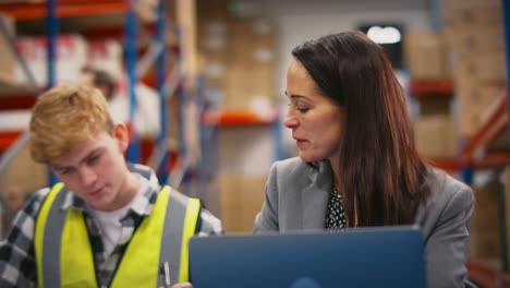 gerente femenina entrenando interno masculino sentado en el escritorio trabajando en una computadora portátil en un almacén ocupado