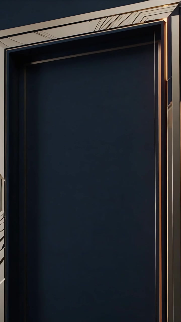 Vertical video: Sliding metallic strip revealing tall dark panel at entry, showing gold frame