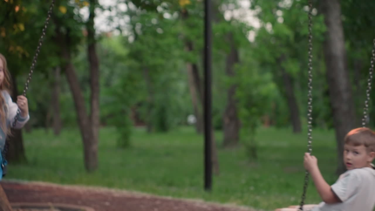 picnic kids swinging in opposite directions on wooden playground swings at dusk in lush green park with chain motion blur capturing joyful expressions under soft evening light filtering