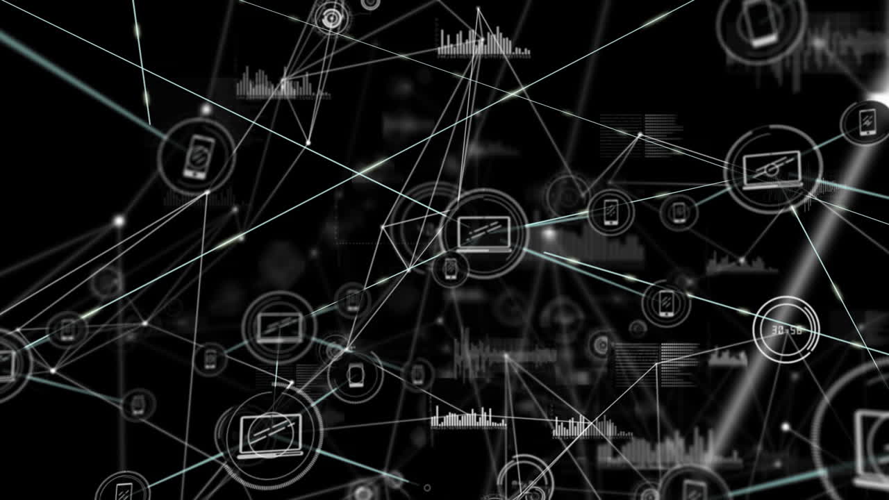 animación de la red de conexiones con iconos en fondo negro