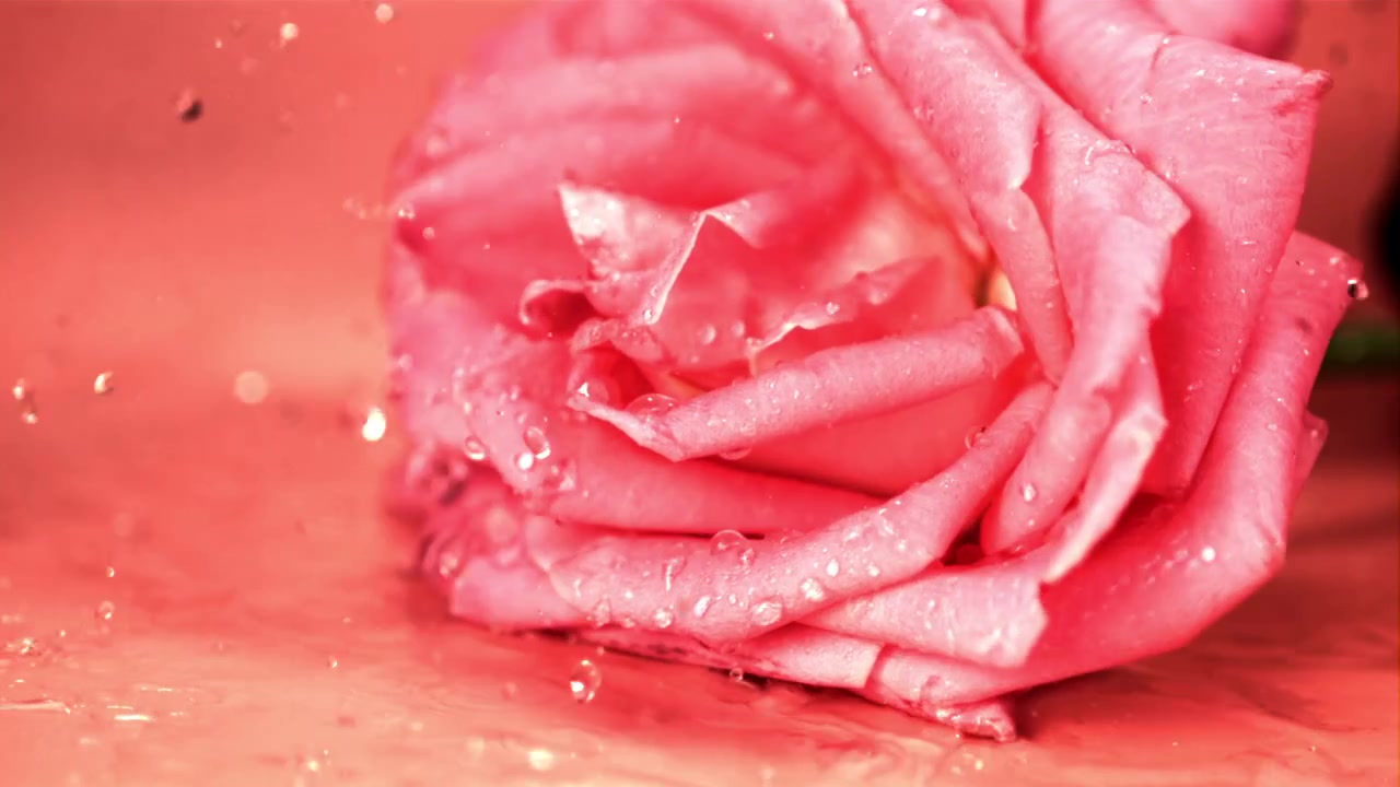 Slowmotion water spat op een roze roos