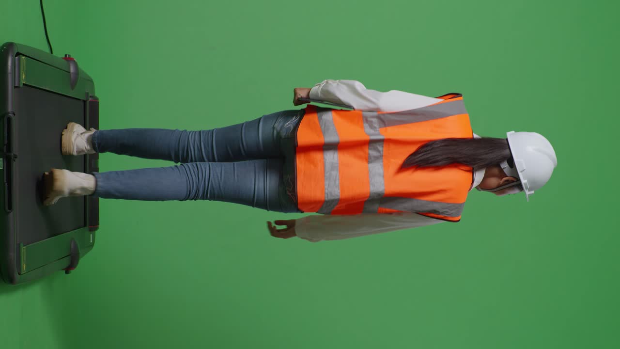vista trasera de cuerpo completo ingeniera femenina asiática con casco de seguridad sosteniendo una tableta mientras camina en el estudio de fondo de pantalla verde