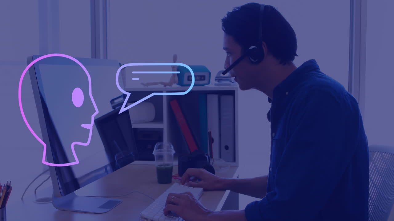 Animation of ai text, icons and data processing over asian man using computer