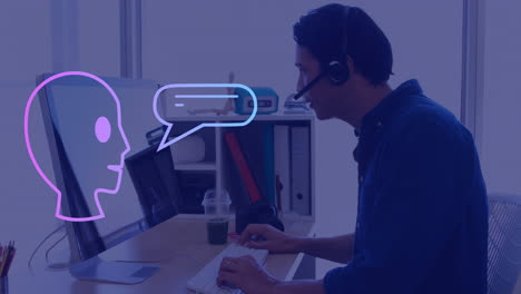 animación de un texto, iconos y procesamiento de datos sobre hombre asiático usando computadora