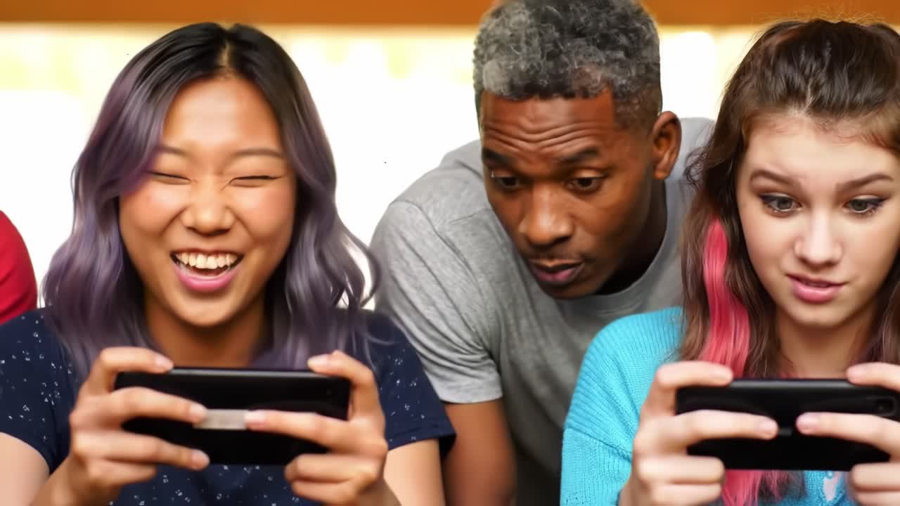 Engaging Moments of Gameplay: A Group of Friends Concentrates on Mobile Gaming, Sharing Reactions from Excitement to Challenge in a Fun Setting