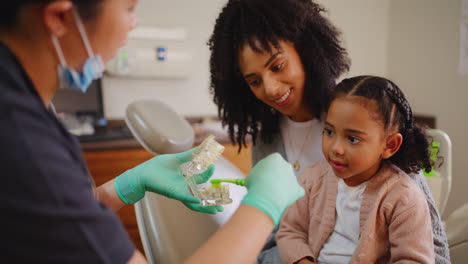 dentist teaching and child learning a brushing