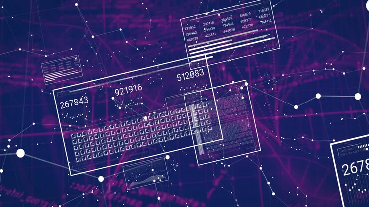 Interface showing panels displaying numeric data, floating over purple-blue network grid lines