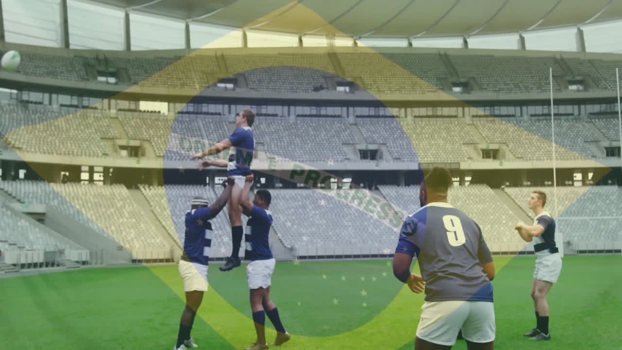 Playing rugby on field, athletes with Brazilian flag animation overlay