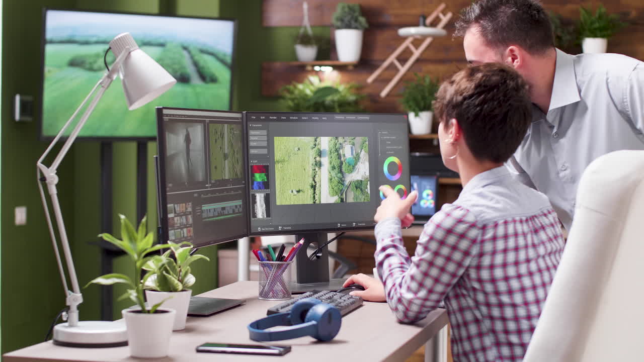 Video editors working in post-production office