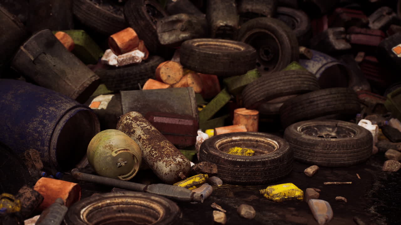 A disordered heap of discarded tires and waste materials in an urban setting