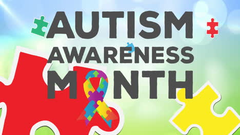 animation of autism awareness month text with puzzles forming ribbon on blue background