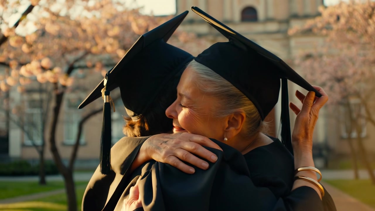 Primo piano medio all'altezza delle spalle di due laureati che indossano toghi accademici neri e tocco, che si abbracciano su un viale universitario alberato