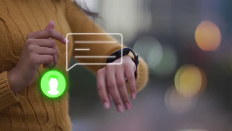 animación de perfil de neón y icono de mensaje sobre la sección media de una mujer usando un reloj inteligente.