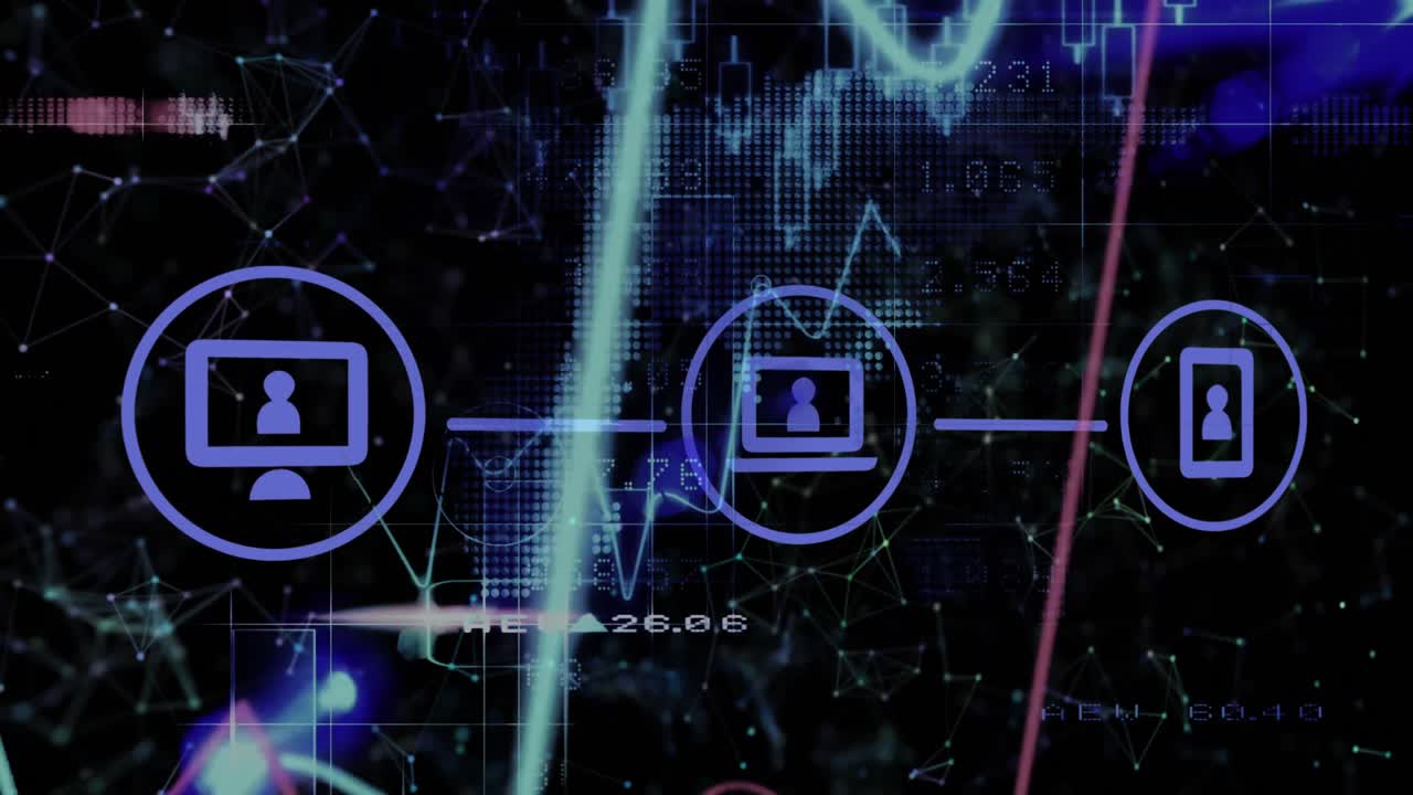 노트북, 컴퓨터, 전화 아이콘의 애니메이션으로 그래프와 숫자가 연결된 점 위에 있습니다.