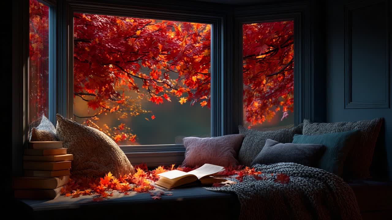 A Cozy Autumn Scene with Vibrant Red Leaves Framing a Peaceful Reading Nook, Inviting Relaxation and Reflection Amidst the Beauty of Nature's Fall Colors
