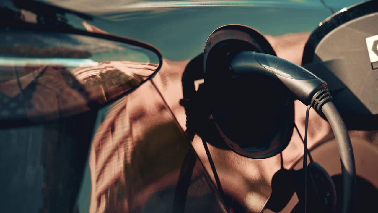 Close up of an EV charging port, with reflections on the car's surface