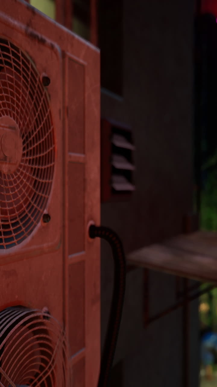 Urban nighttime view featuring air conditioning unit near neon lights