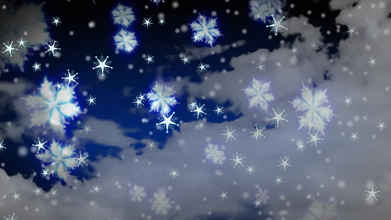 흰색 조각들이 가장자리에서 생겨나 회색 구름과 푸른 하늘 위로 회전하며 겹겹이 쌓인 눈을 만들어내요.