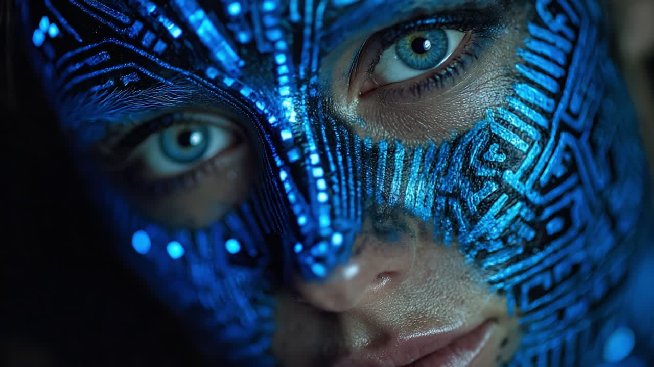 Captivating Face Paint Transformation Featuring Vibrant Blue Sequined Design Highlighting Intricate Patterns and Striking Silver Eyes in an Artistic Close-Up